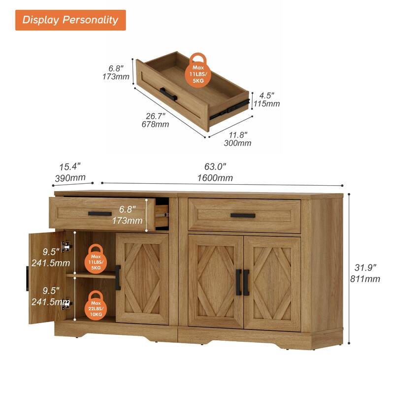 Farmhouse Entertainment Center with Storage Barn Door Cabinet for 50"-130" TVs