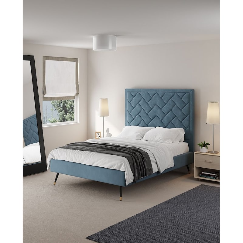 Manhattan Comfort Crosby Modern Velvet Upholstered Bed - Blue - Full