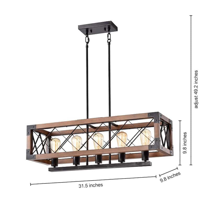 Aurora Antique Black Rectangular Metal and Natural Wood Chandelier