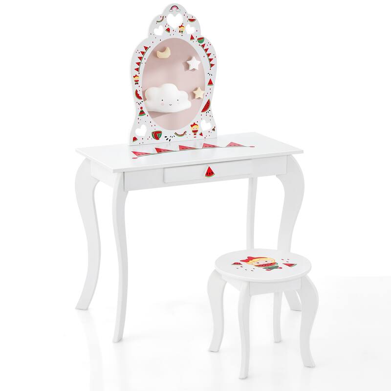 2 in 1 Children Pretend Makeup Vanity Set with Removable Mirror and Storage Drawer-White - 28.5"L x 14"W x 42"H - White