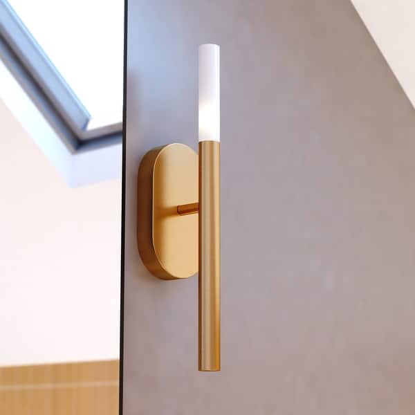 slide 2 of 10, Fulton 1 Light Integrated LED Contemporary Wall Sconce White Acrylic Satin Brass - 4.25-in W x 18-in H x 4.5-in D