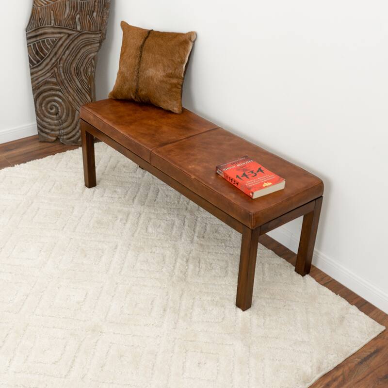 Kara Mid-Century Stitched Genuine Leather Upholstered Bench in Antique Tan