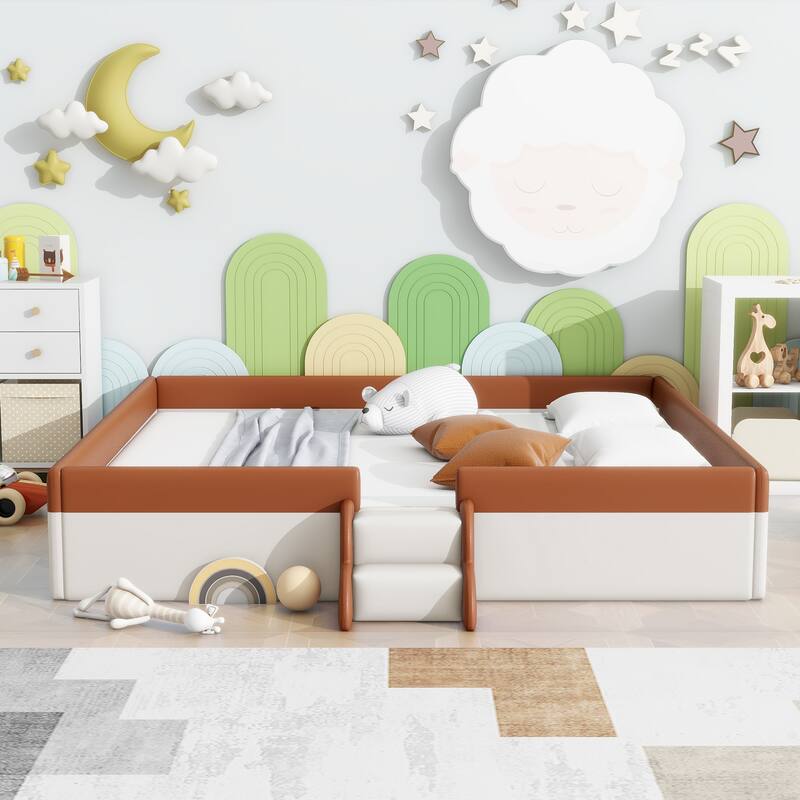 Modern Upholstered Daybed with Fence and Stairs for Kids, Brown+White