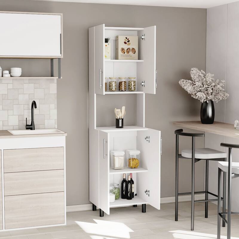 Linden 76,8" Tall Two Double Door Cabinet Kitchen Pantry with Hutch and Five Shelves, Microwave Cabinet, Storage Cabinet