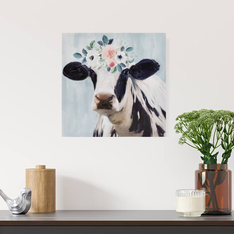 Cow with Flowers Canvas Wall Art 17.5" x 17.5"