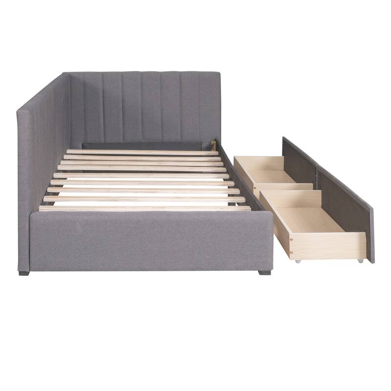Grey Twin Linen Upholstered Daybed with Two Drawers - No Box Spring Needed, Sofa Bed Frame