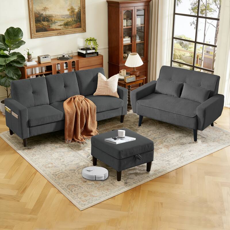 79.14" Corduroy 3 Piece Living Room Set with Sofa,Storage Ottoman and Loveseat