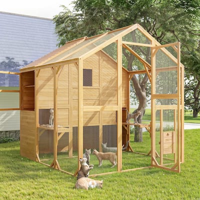 Large Outdoor Wooden Chicken Coop & Cat Enclosure with Run, 2 Colors Pet Cage