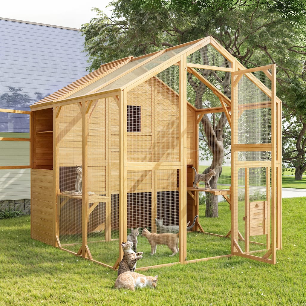 Large Outdoor Wooden Chicken Coop & Cat Enclosure with Run, 2 Colors Pet Cage