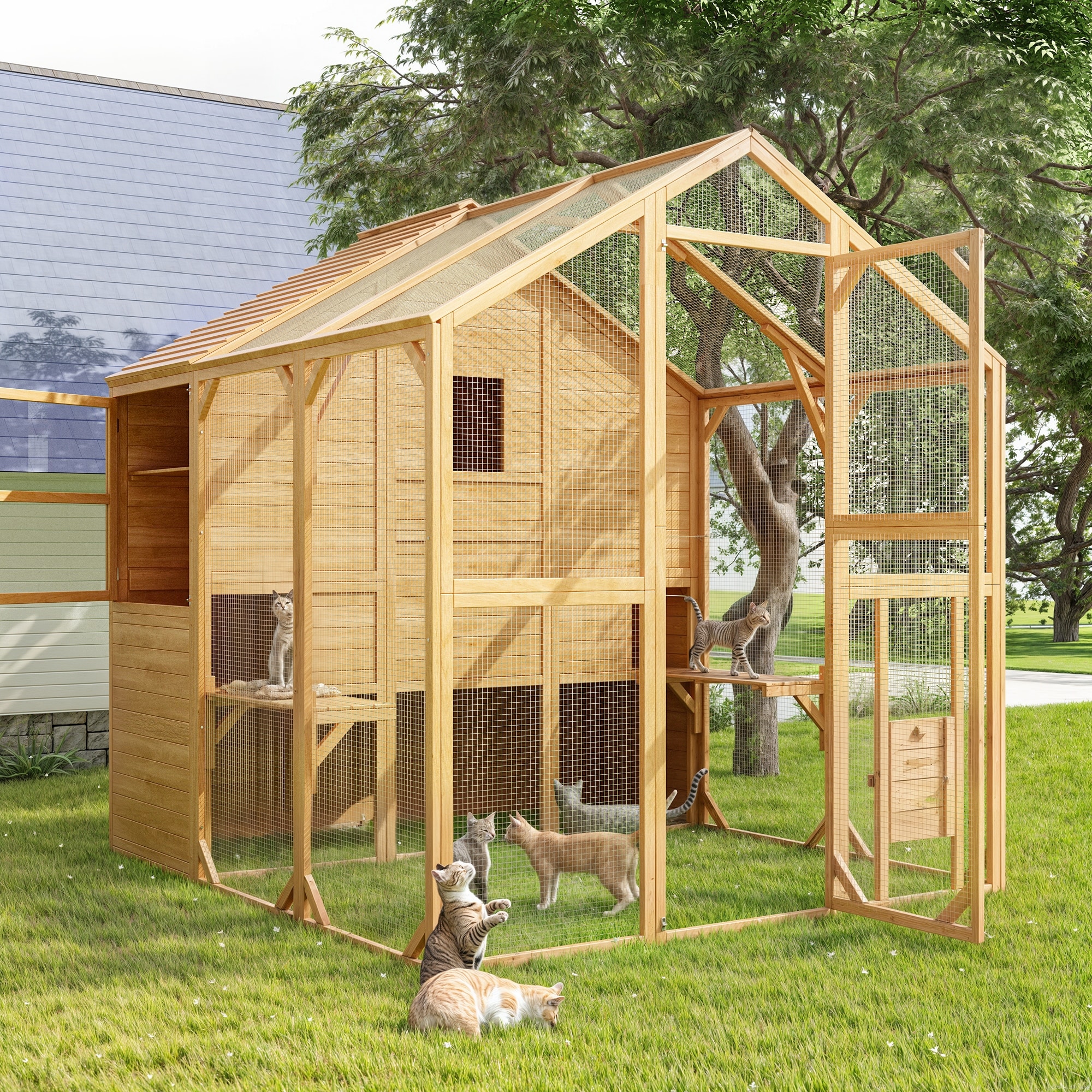 Large Outdoor Wooden Chicken Coop & Cat Enclosure with Run, 2 Colors Pet Cage