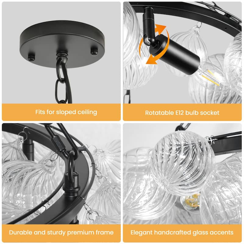 6-Light Metal Chandelier with Glass Shade - N/A