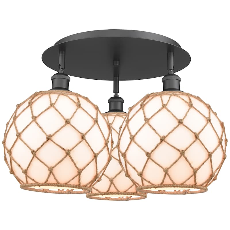 Innovations Lighting Endless Possibilities Ballston - Farmhouse Rope - 3 Light 22" Flush Mount - White Glass with Brown Rope/Matte Black
