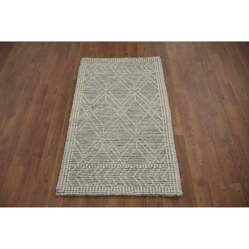 Hand Knotted Oriental 100% Wool Carpet Modern Geometric Beige & Ivories Modern Gotti Design Area Rug - 3' 8'' X 2' 1''