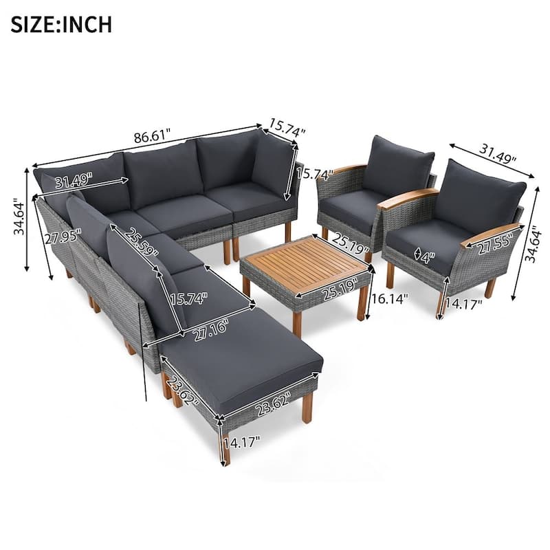9-Piece Patio Rattan Furniture Set, Outdoor Conversation Set With Acacia Wood Legs and Tabletop