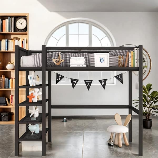 slide 2 of 12, Modern Style Full Size Metal Loft Bed with 4-Tier Shelves and Storage Black