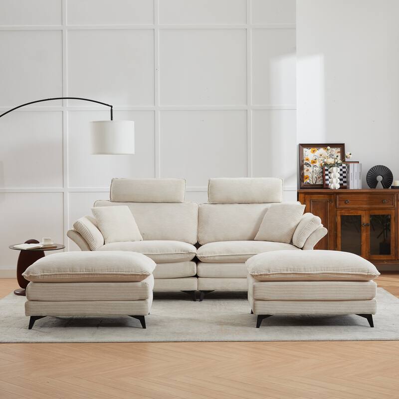 85.8'' Modern Corduroy Beige Sectional Sofa with Ottomans and Removable Headrests