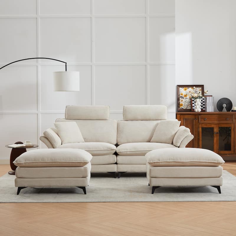 Corduroy Loveseat Sofa, Deep Seat Sectional Sofa wMovable Ottoman & 2 Pillows Upholstered Tufted Couch for Living Room