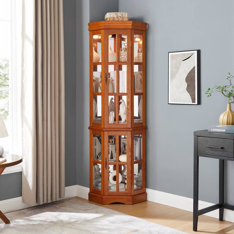 Lighted Curio Display Cabinet, China Cabinet with Tempered Glass Doors & Adjustable Shelves, Freestanding Glass Display Case