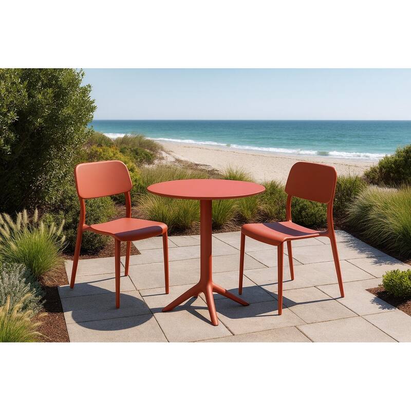 Rimo 3-Piece Contract Grade Outdoor Bistro Set with 2 stackable lounge chairs and 22.5" Dining Table. - Brick