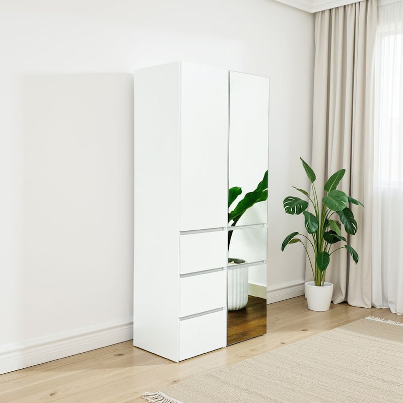 Ely Dual Closet Cabinet w Mirror, 4 Drawers, 71 Inch, White Melamine