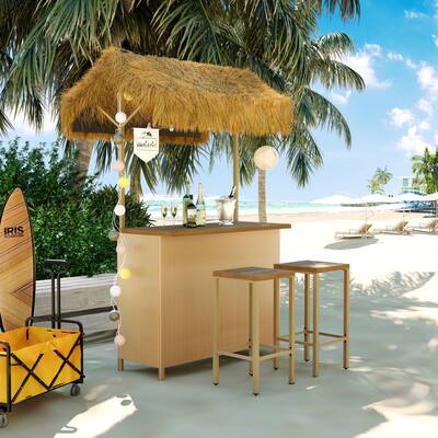 Hawaiian-style Bar Height Patio Set with PE Grass Canopy, Outdoor Bar Table and Stools with Adjustable Feet, Natural
