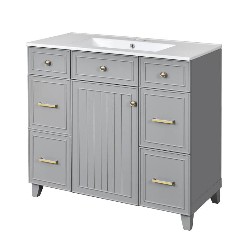 36 Inch Freestanding Bathroom Vanity with White Ceramic Basin and Door and Drawers
