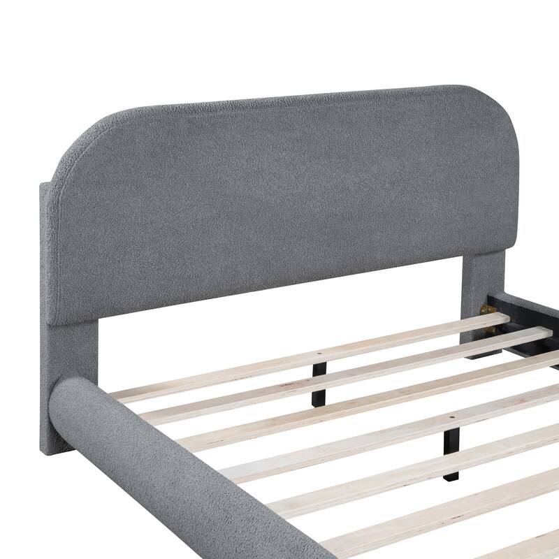 Full/Queen Size Teddy Fleece Upholstered Bed with Thick Fabric, Platform Bed Frame with Headboard & Stylish Curve-shaped Design