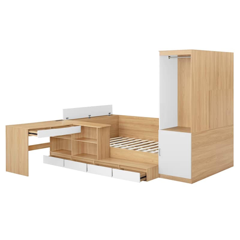 Full Size Wooden Platform Bed With 6 Drawers, Shelves, Desk And Wardrobe