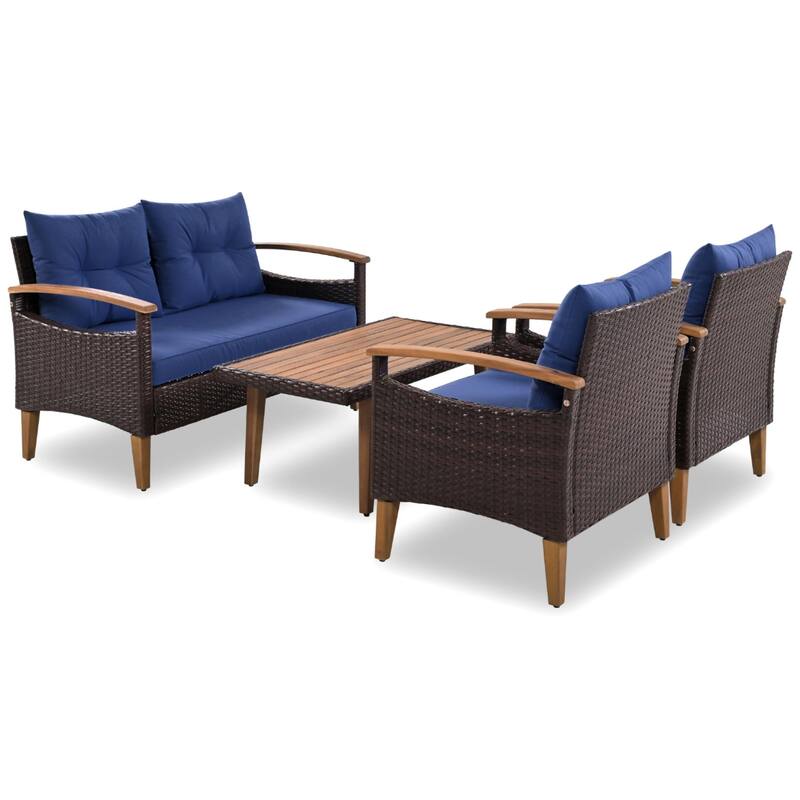 4-Piece Garden Furniture, Patio Seating Set, PE Rattan Outdoor Sofa Set, Wood Table and Legs, Water-Resistant