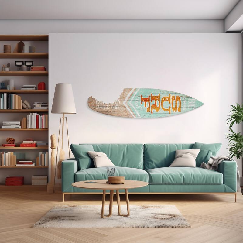 Big Kahuna Surf Club Shark Bite Wood Surfboard Plaque Wall Sign 60x15
