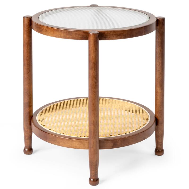 Rubberwood Coffee Table with Tempered Glass and Rattan - 19.7 x 19.7 x 23.2 in - Walnut