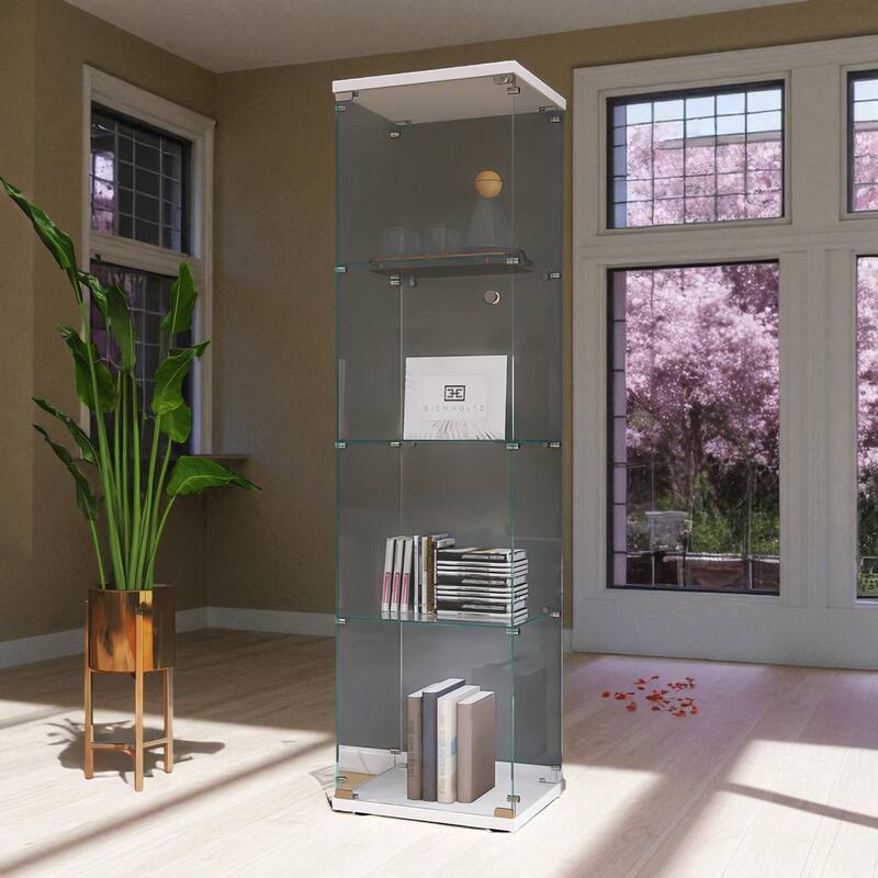 64" Lighted Glass Display Cabinet with One Door, 4 Shelves Tempered Glass Showcase Storage