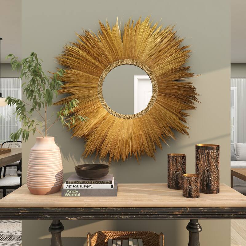 Brown Dried Plant Tribal Inspired Sunburst Grass Room Wall Mirror with Coiled Rope Center - 45 x 2 x 45Round