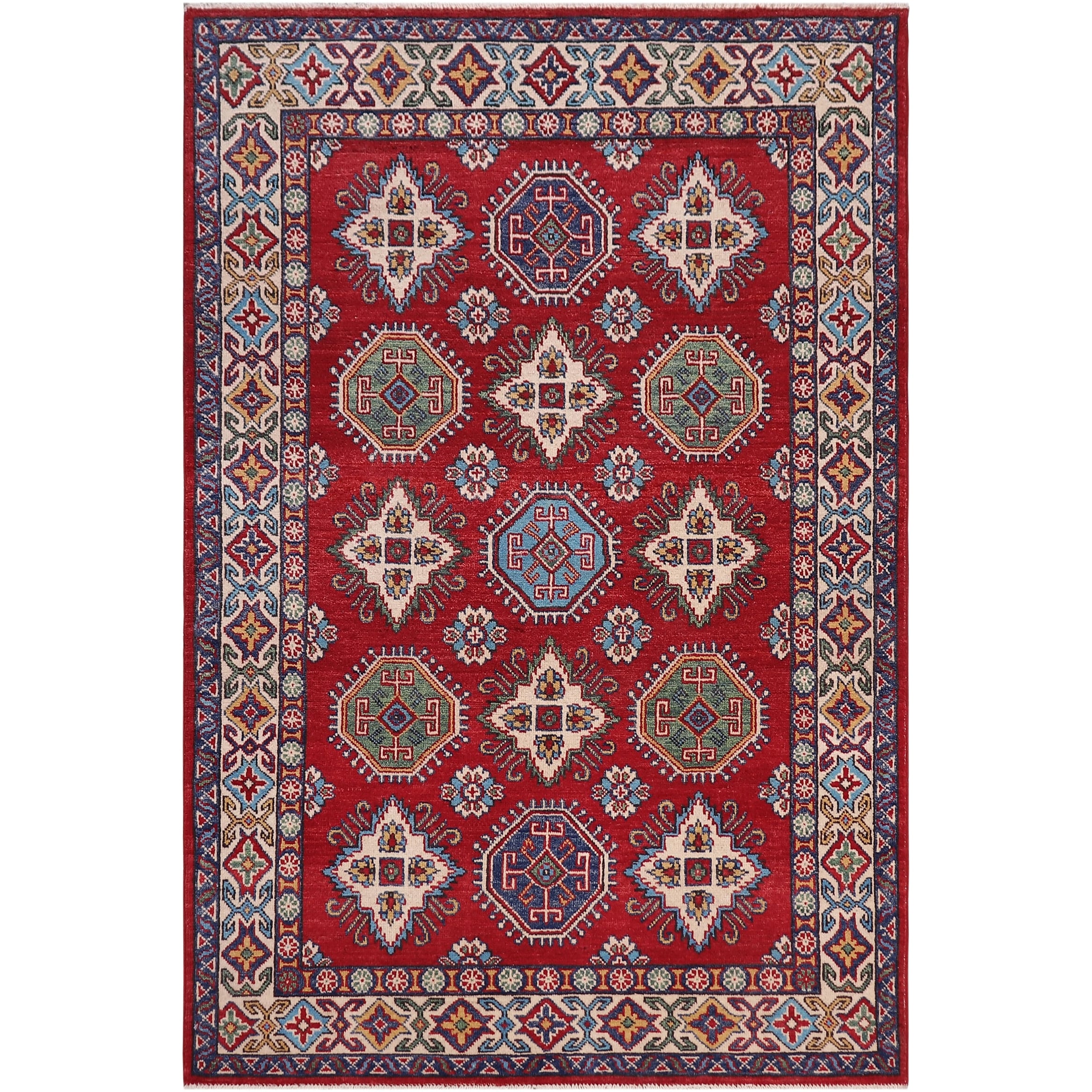 Southwestern Kazak Josh Red/Beige Wool Rug - 4'1'' x 6'0''
