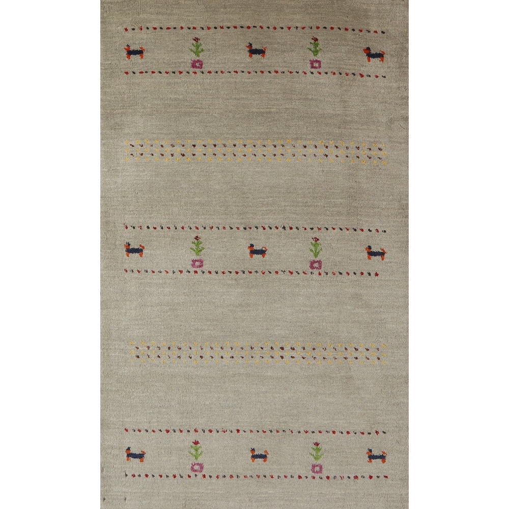 Hand Knotted Oriental 100% Wool Carpet Tribal Animal Pictorial Green Gabbeh Area Rug - 4' 11'' X 3' 0''