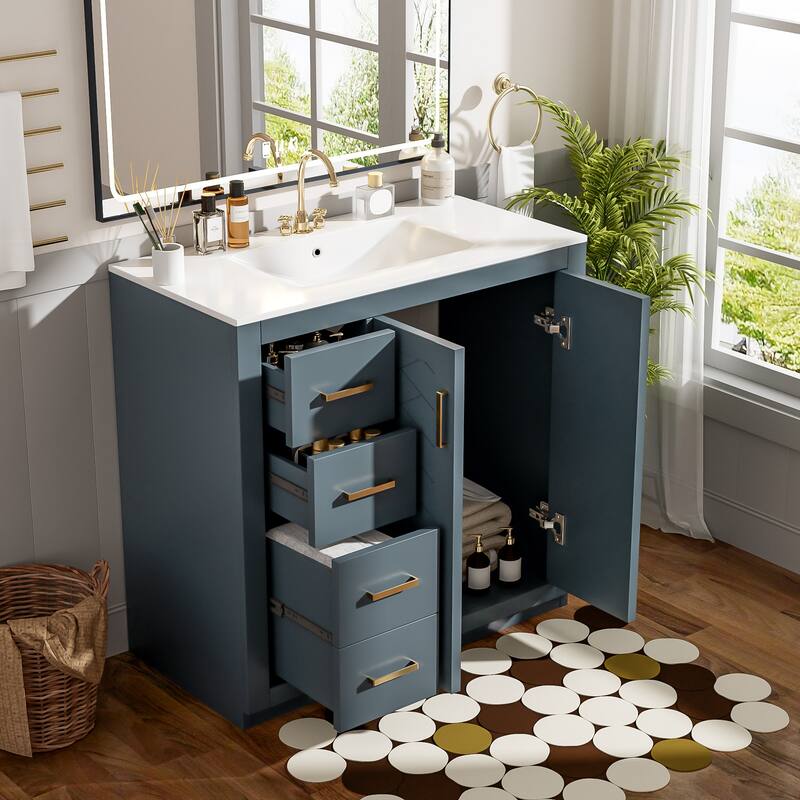 36'' Bathroom Vanity with Ceramic Sink Combo, Solid Wood Frame Bathroom Storage Cabinet with 3 Drawers& Soft Closing Doors