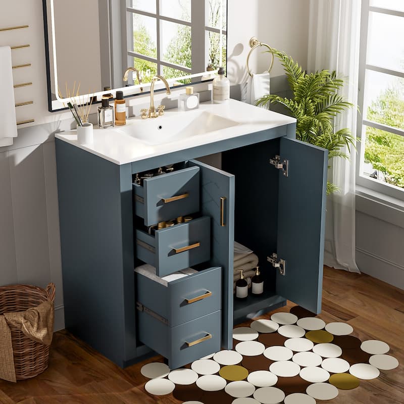 36'' Freestanding Bathroom Vanity Set–Features a Ceramic Sink, Solid Wood Frame,3 Soft-Closing Drawers, and Ample Storage Space.