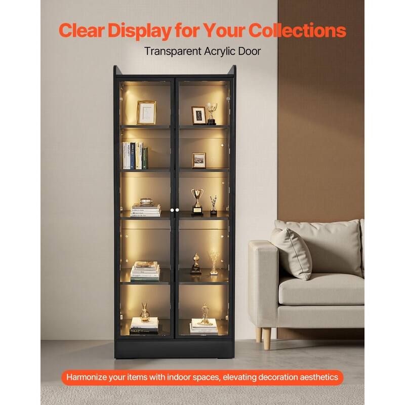 Black MDF Glass Display Cabinet 5-Tier with LED Lighting and Doors - 27.56 × 13.39 × 66.93 inch