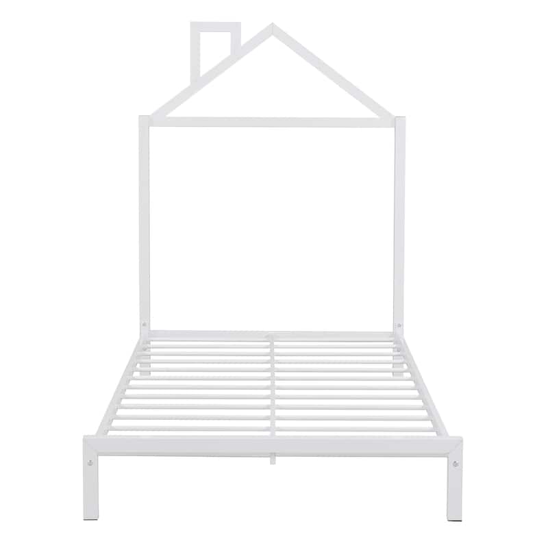 Roomfitters Twin Size Metal Platform Bed with House-Shaped Headboard Design