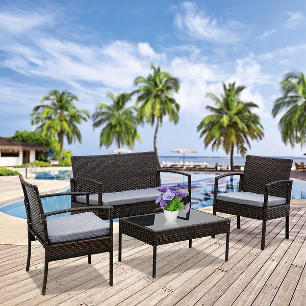 Shop 4 Pcs Outdoor Patio Rattan Wicker Furniture Set With Table Sofa Cushioned On Sale Overstock 31636749