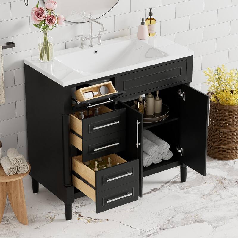Bathroom Vanity with Top Resin Sink, Bathroom Storage Cabinet with Adjustable Shelf, Vanity Set with Tip-out Drawer