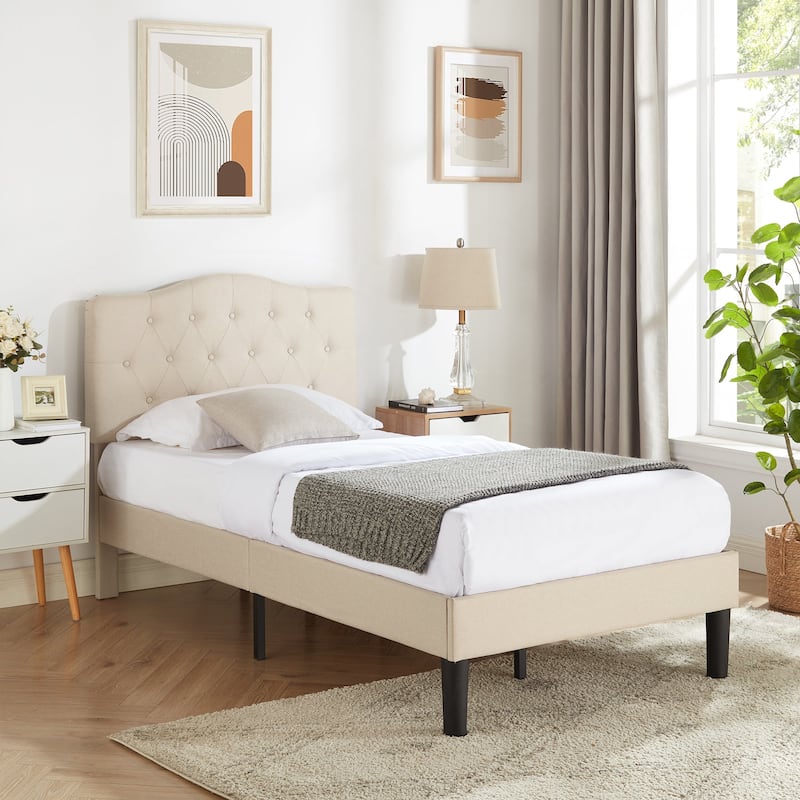 VECELO Modern Upholstered Kids Bed with Height Adjustable Tufted Headboard,Twin Size Bed Set of 2