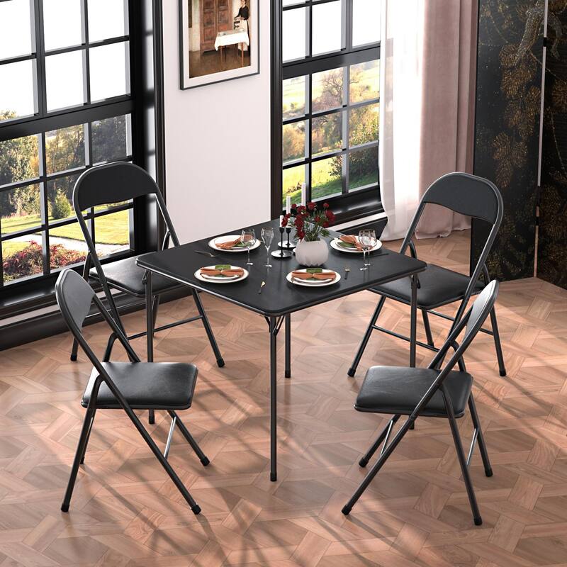 Javlergo Black PU Leather 5-Piece Folding Table and Chairs Set – Portable Card Game Table for Indoor Outdoor Use No Assembly