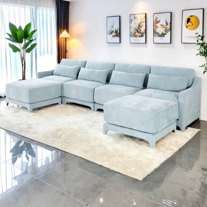 Modern Chenille 4-Seater Sofa with 2 Ottoman, Lumbar Cushions, Ergonomic Backrest, High-Resilience Spongeand Tufted Armrests - 4 Seater with 2 Ottoman Blue