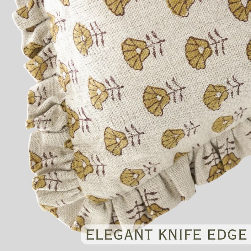 Fabdivine Heavy Linen Floral Ruffled Both Side Cushion Cover Home Décor Accent