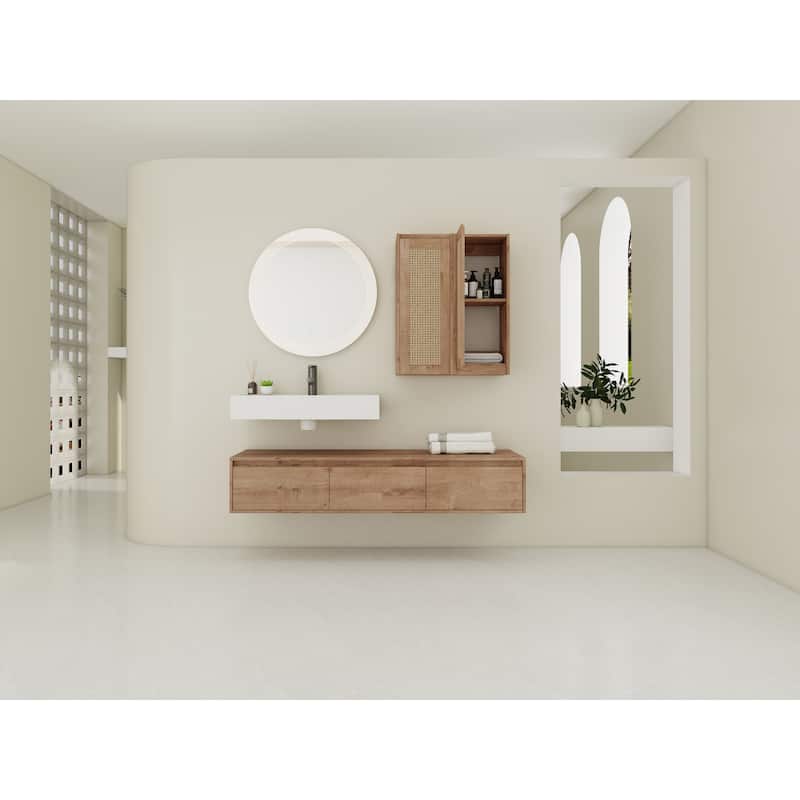 60 inch Wall-Mounted Bathroom Vanity with Resin Sink and 2-Side Cabinet, 3-Soft Close Drawer, Float Mounting Design