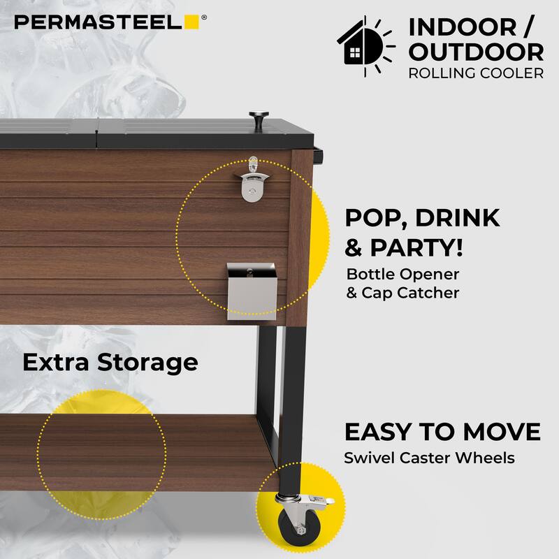 Permasteel 80-Qt Rustic Woodgrain Style Rolling Patio Cooler with Wheels