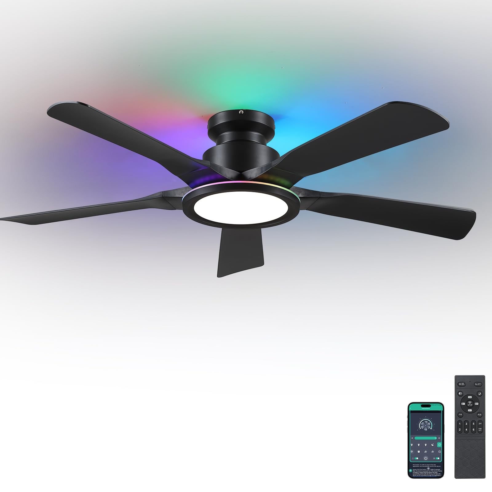 52-Inch RGB Low-Profile Ceiling Fan with LED, App and Remote Control, 6-Speed Reversible DC Motor for Bedroom and Living Room