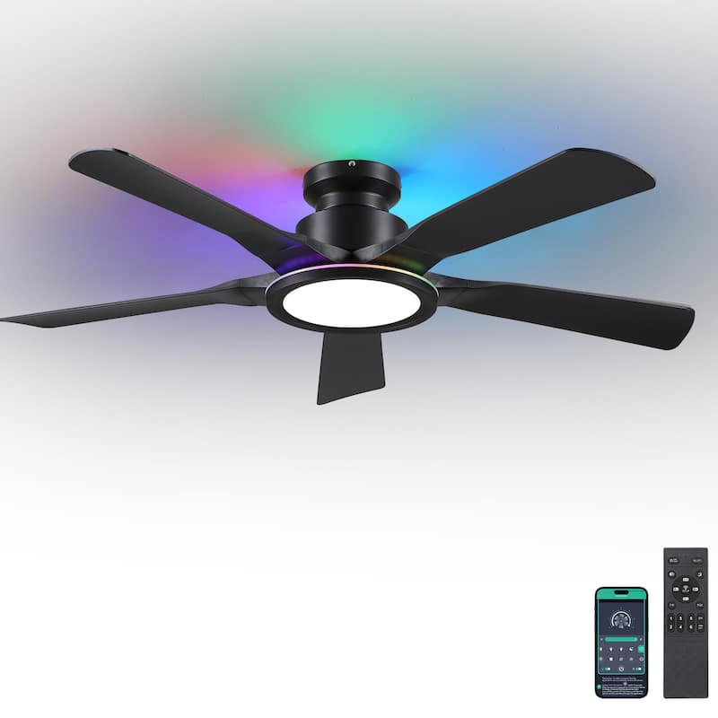 52 Inches RGB Flush Mount Ceiling Fan with Light,Reversible DC Motor - 52 Inches
