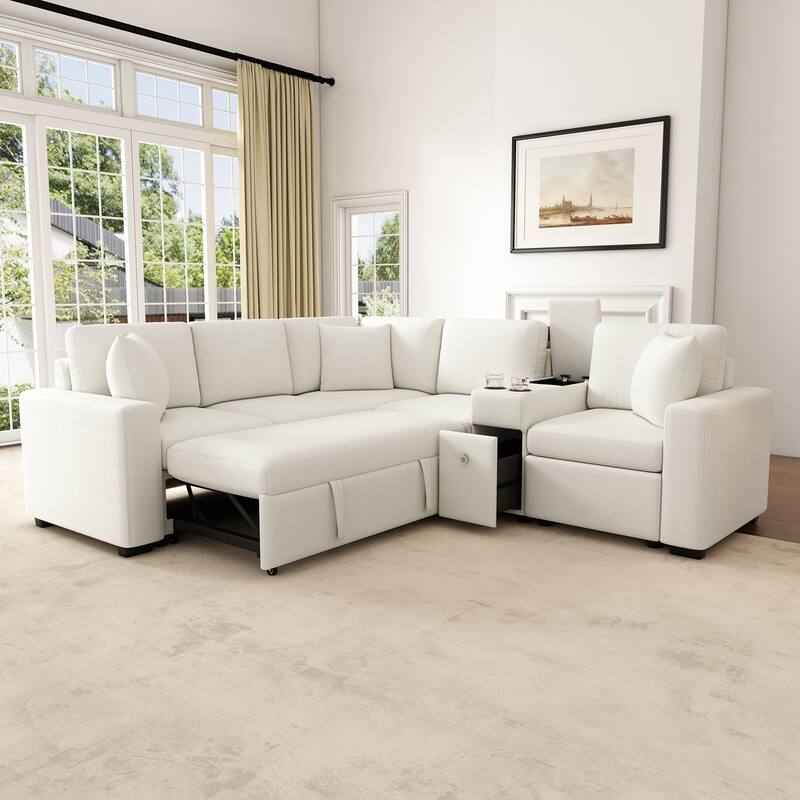 L-Shaped Pull Out Sleep Couch Bed Reversible Sleeper Sectional Sofa